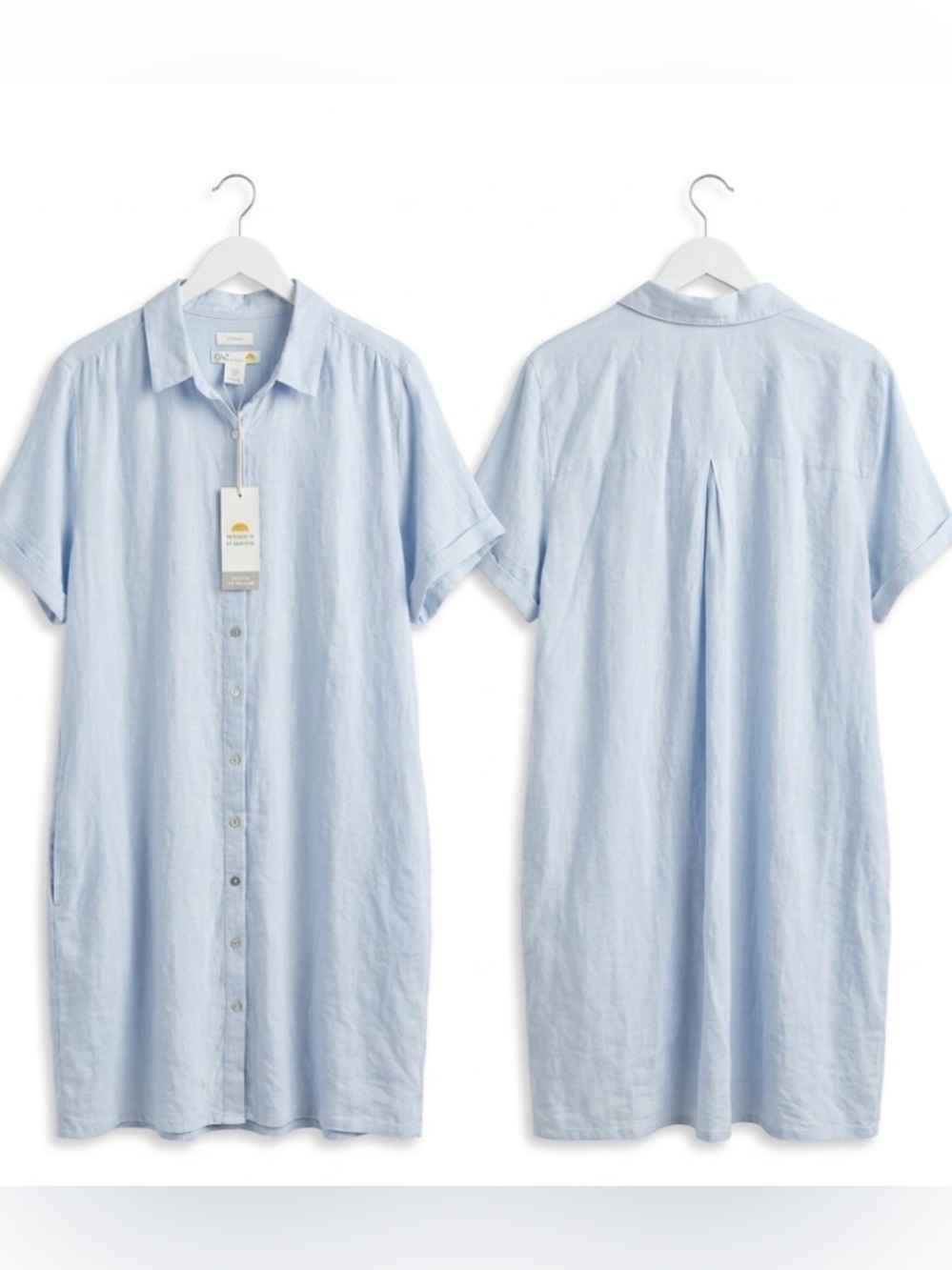 NWT C & C California Button Front Linen Shirt Dress Midi Pockets Light Blue XL